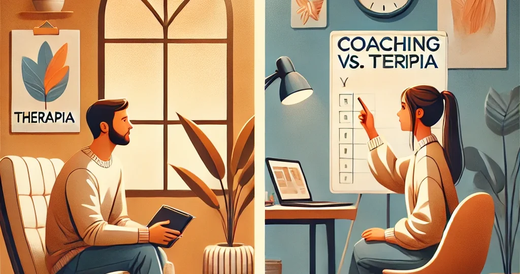 DALL·E 2025-04-11 11.59.01 – Image for a blog post titled ‘Coaching vs. terapia_ ¿cuál es mejor para ti_’. A split-screen scene_ on one side, a person in a cozy room talking with